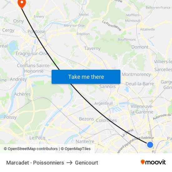 Marcadet - Poissonniers to Genicourt map