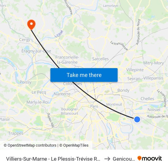 Villiers-Sur-Marne - Le Plessis-Trévise RER to Genicourt map