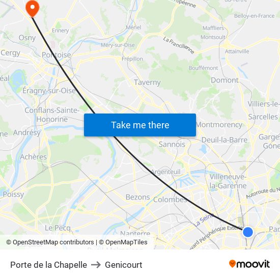 Porte de la Chapelle to Genicourt map