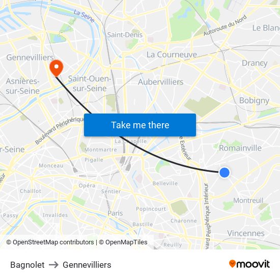 Bagnolet to Gennevilliers map