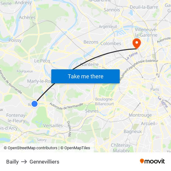 Bailly to Gennevilliers map