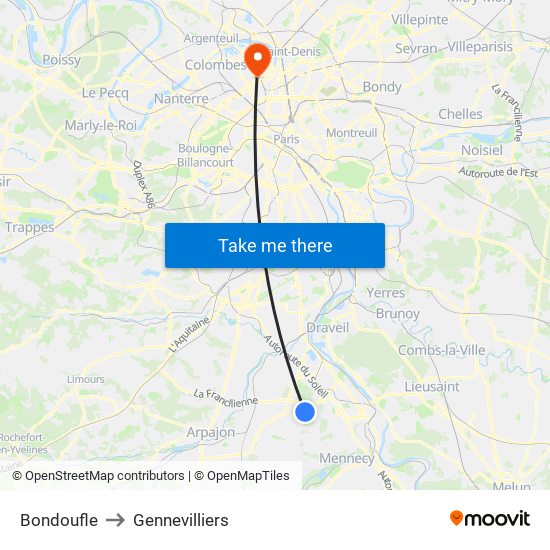 Bondoufle to Gennevilliers map