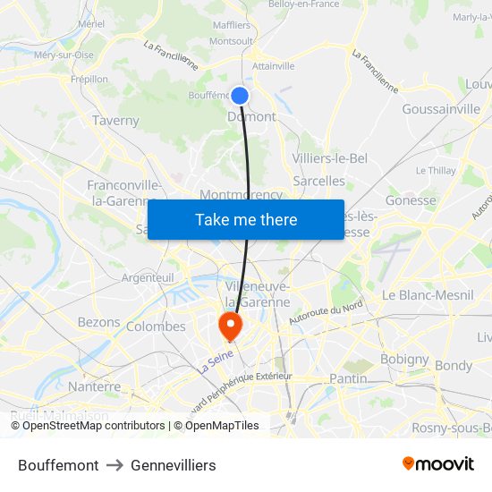 Bouffemont to Gennevilliers map