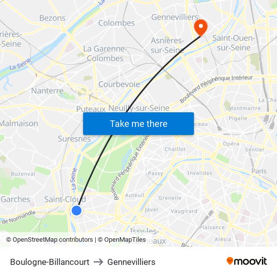 Boulogne-Billancourt to Gennevilliers map