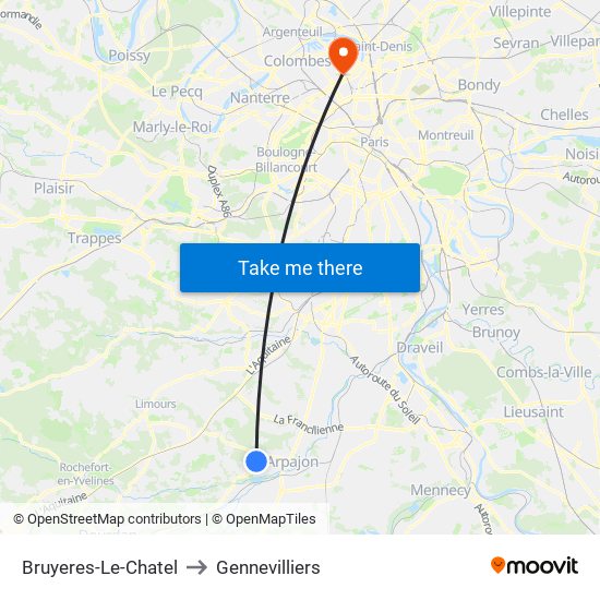 Bruyeres-Le-Chatel to Gennevilliers map