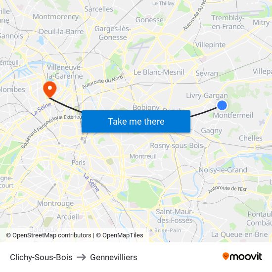 Clichy-Sous-Bois to Gennevilliers map