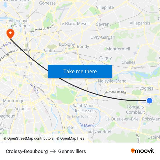 Croissy-Beaubourg to Gennevilliers map