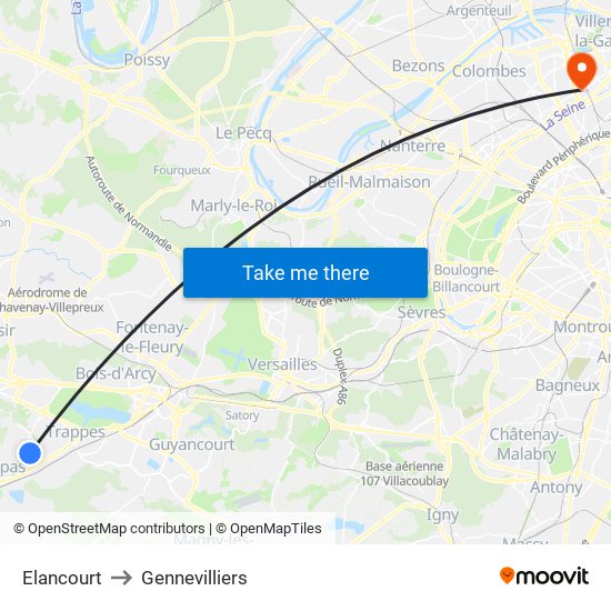 Elancourt to Gennevilliers map