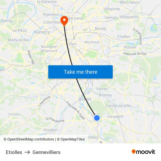 Etiolles to Gennevilliers map