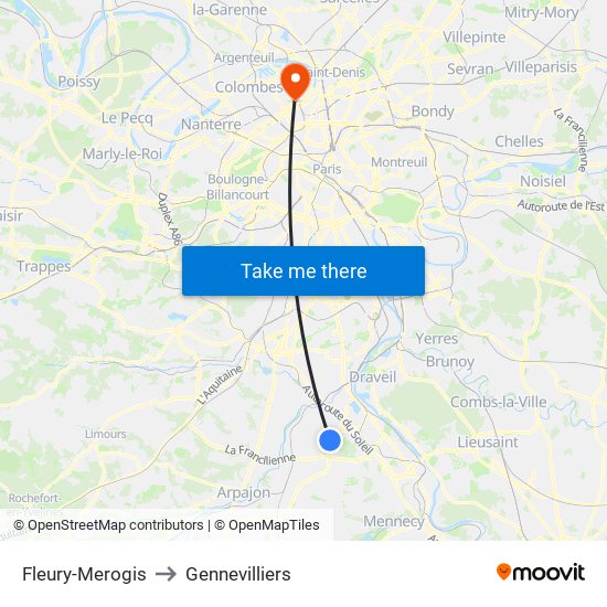 Fleury-Merogis to Gennevilliers map