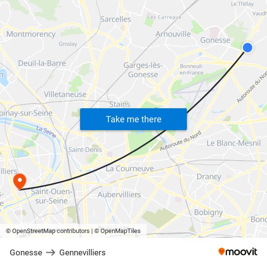 Gonesse to Gennevilliers map