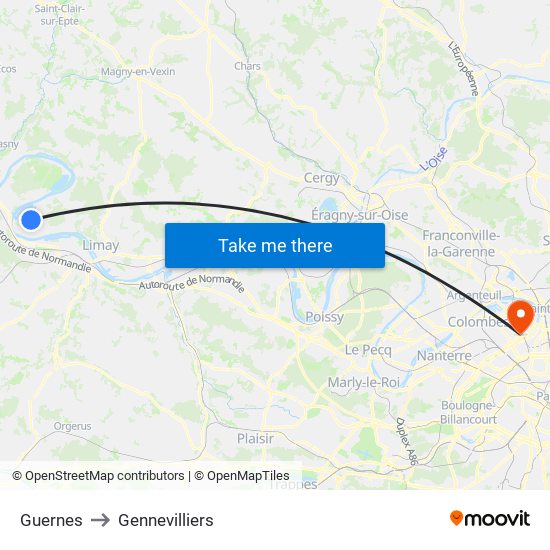 Guernes to Gennevilliers map