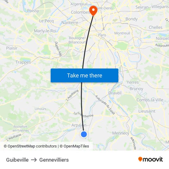 Guibeville to Gennevilliers map