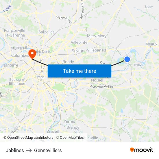 Jablines to Gennevilliers map