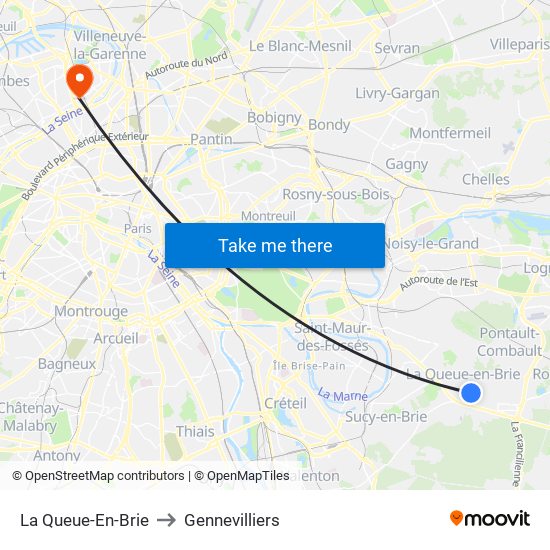 La Queue-En-Brie to Gennevilliers map