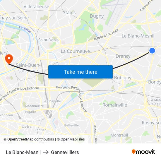 Le Blanc-Mesnil to Gennevilliers map