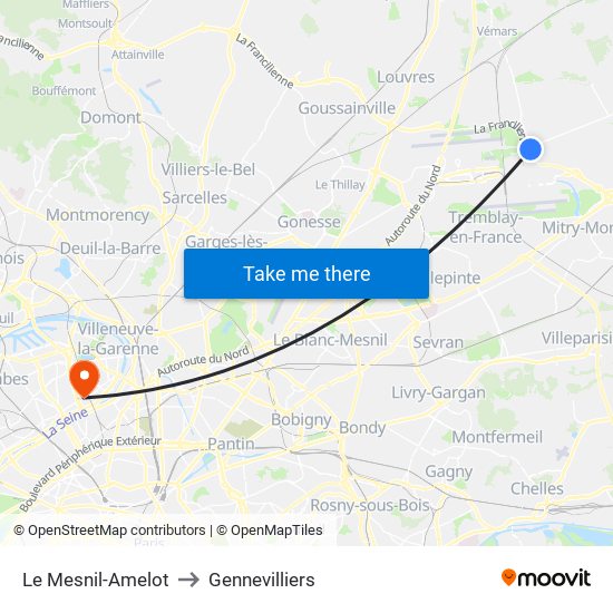 Le Mesnil-Amelot to Gennevilliers map