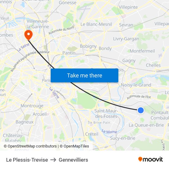 Le Plessis-Trevise to Gennevilliers map
