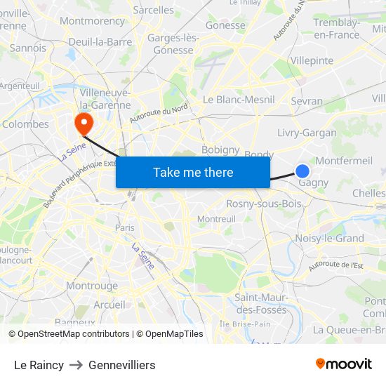 Le Raincy to Gennevilliers map