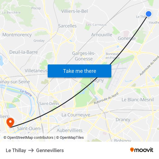 Le Thillay to Gennevilliers map