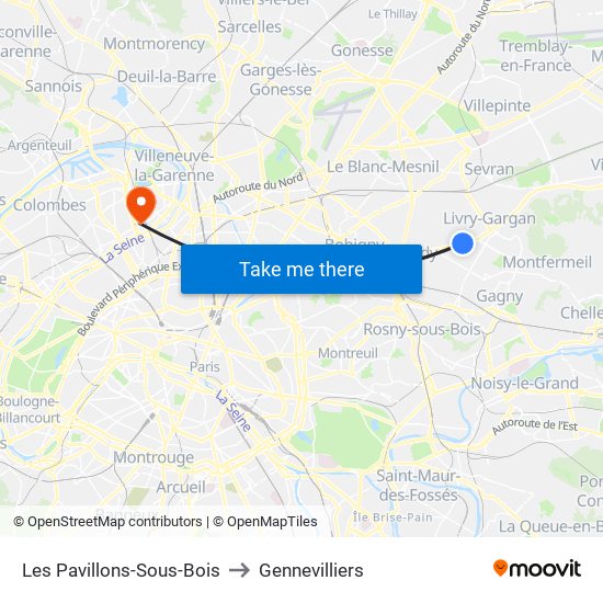 Les Pavillons-Sous-Bois to Gennevilliers map