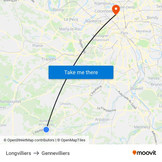 Longvilliers to Gennevilliers map