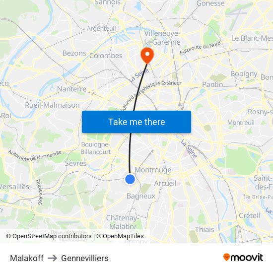 Malakoff to Gennevilliers map