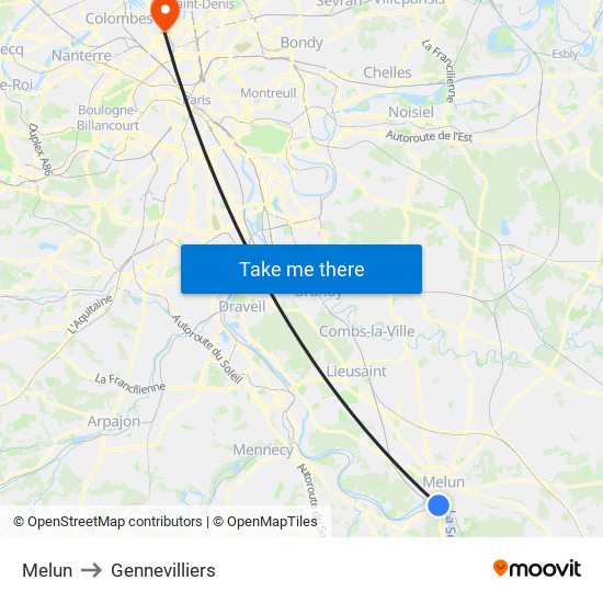 Melun to Gennevilliers map
