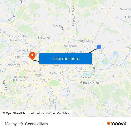 Messy to Gennevilliers map