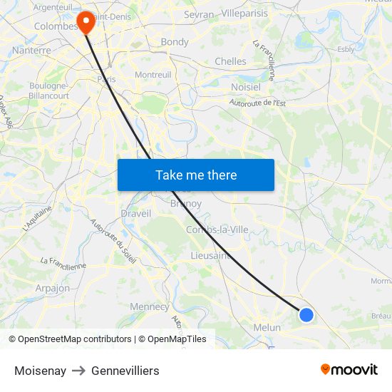 Moisenay to Gennevilliers map