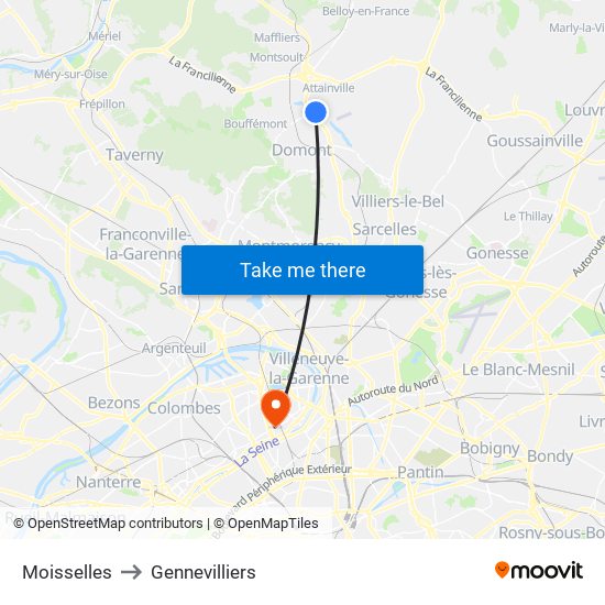 Moisselles to Gennevilliers map