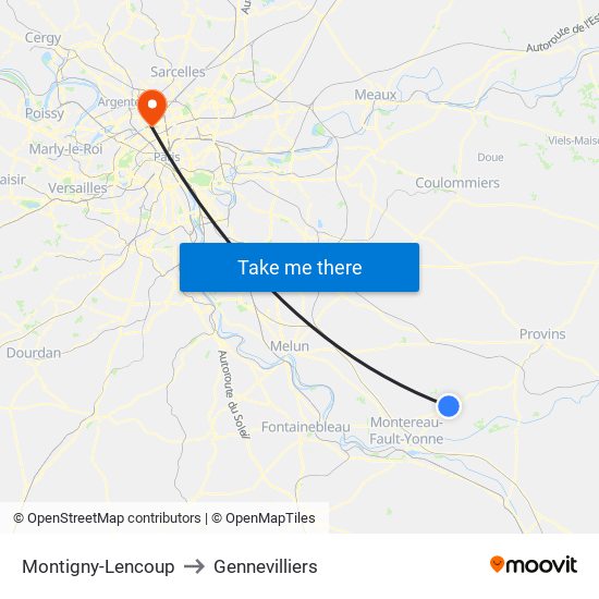 Montigny-Lencoup to Gennevilliers map