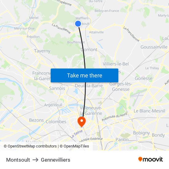 Montsoult to Gennevilliers map