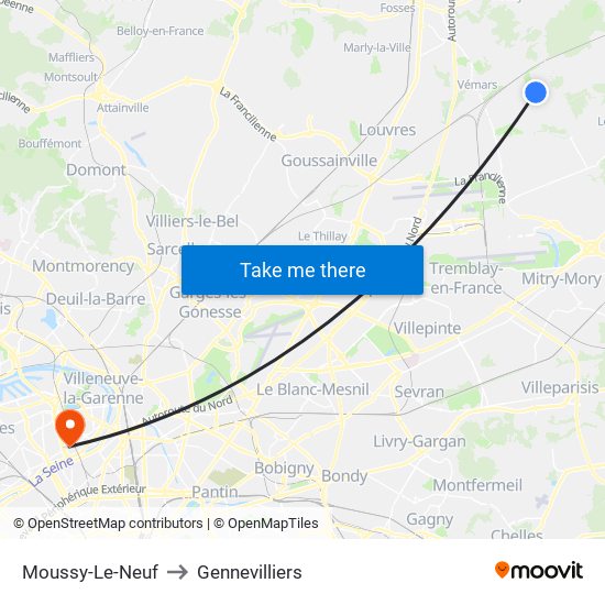 Moussy-Le-Neuf to Gennevilliers map