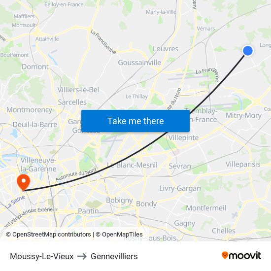 Moussy-Le-Vieux to Gennevilliers map