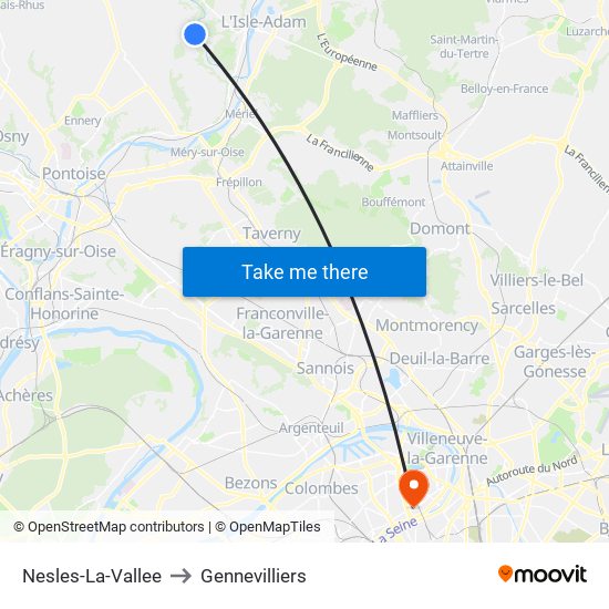 Nesles-La-Vallee to Gennevilliers map