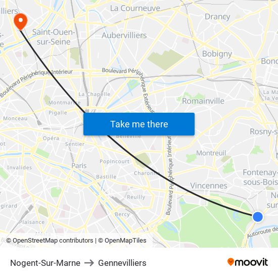 Nogent-Sur-Marne to Gennevilliers map