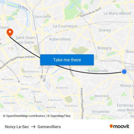 Noisy-Le-Sec to Gennevilliers map