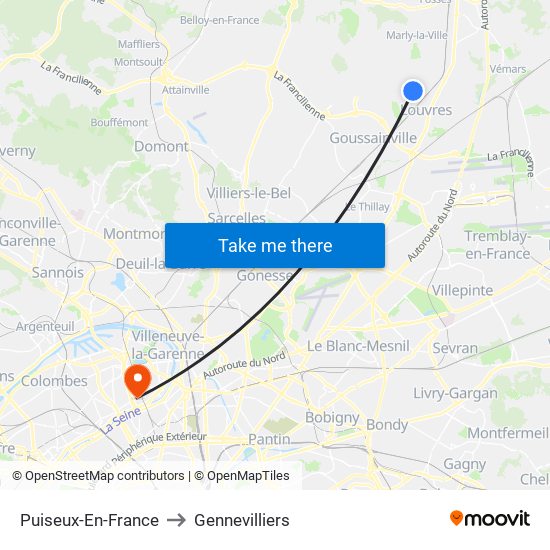 Puiseux-En-France to Gennevilliers map