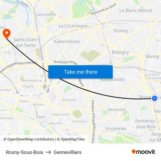 Rosny-Sous-Bois to Gennevilliers map