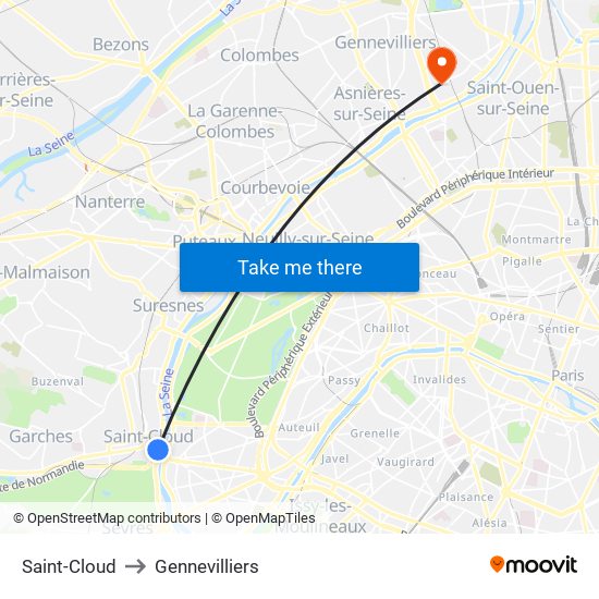 Saint-Cloud to Gennevilliers map