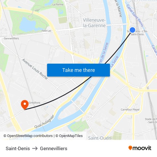 Saint-Denis to Gennevilliers map