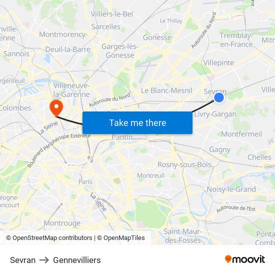 Sevran to Gennevilliers map