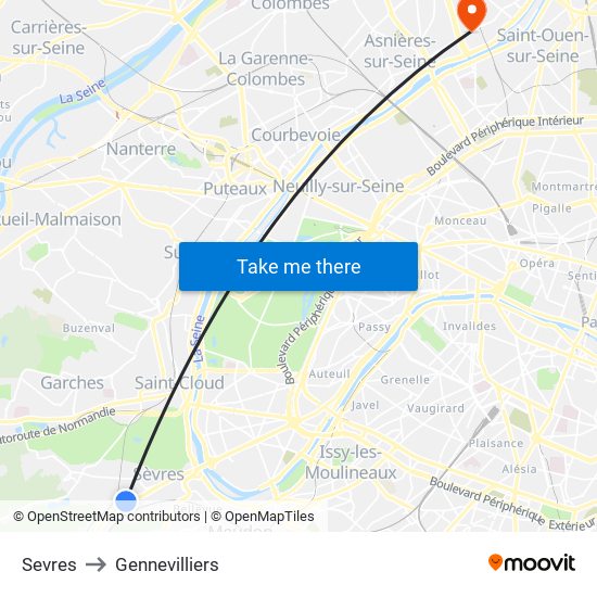 Sevres to Gennevilliers map