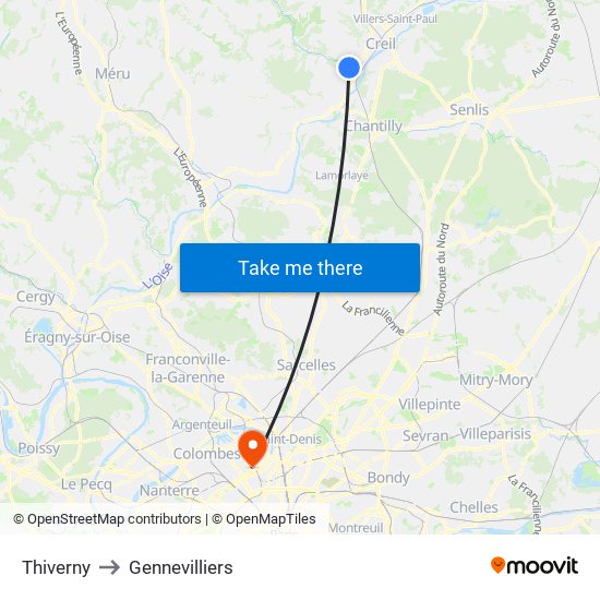 Thiverny to Gennevilliers map