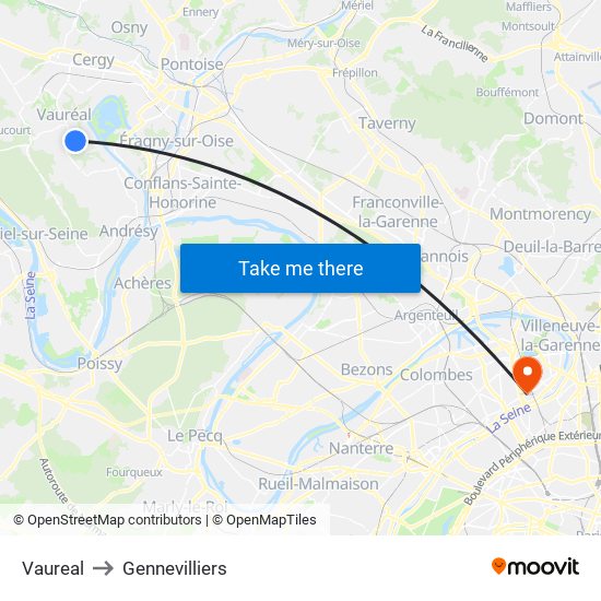 Vaureal to Gennevilliers map