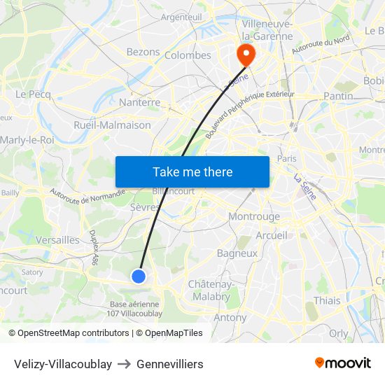 Velizy-Villacoublay to Gennevilliers map