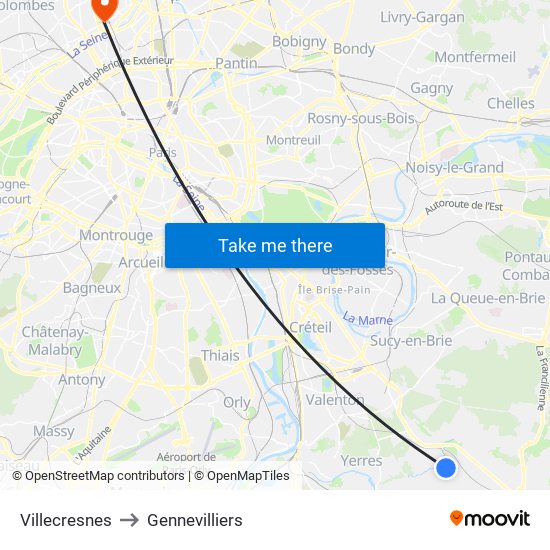 Villecresnes to Gennevilliers map