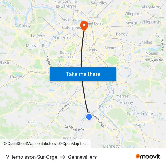 Villemoisson-Sur-Orge to Gennevilliers map