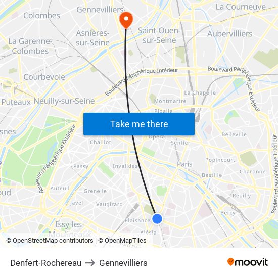 Denfert-Rochereau to Gennevilliers map